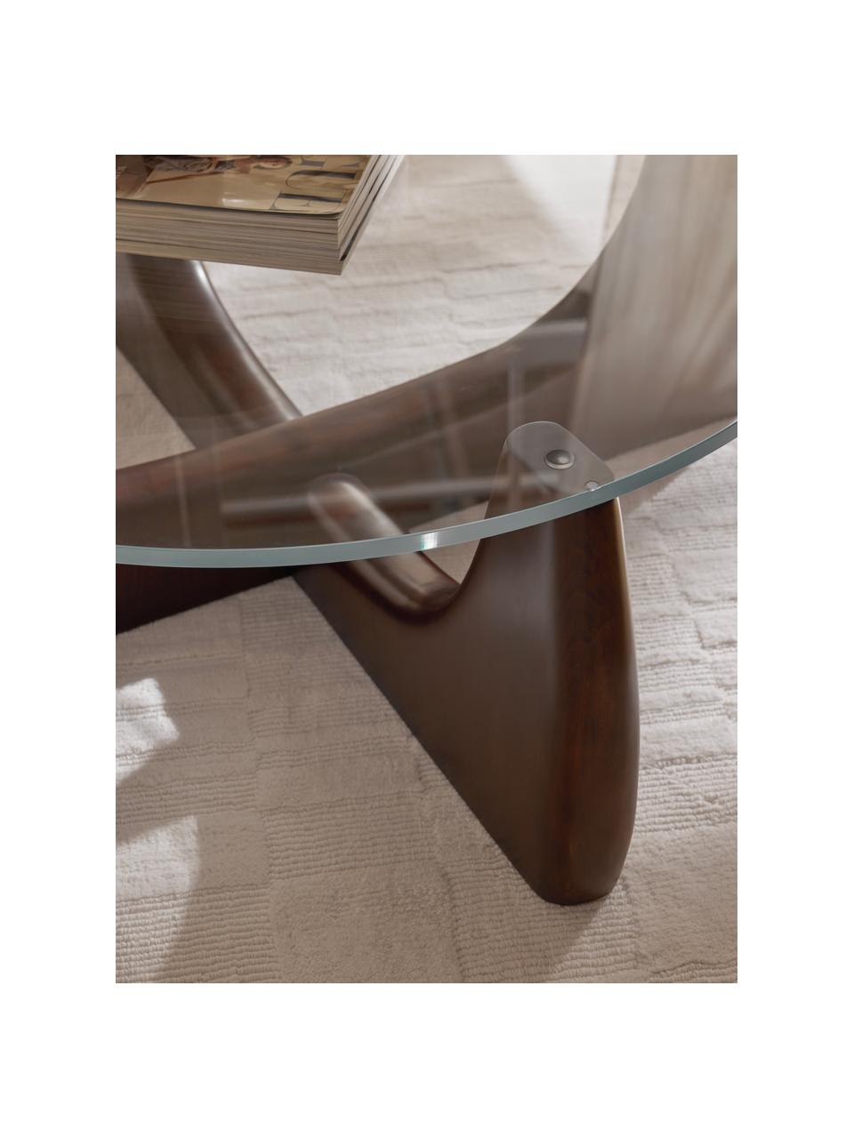Tavolino rotondo da salotto in legno con piano in vetro Miya, Gambe: legno massello di pioppo,, Legno di pioppo laccato marrone scuro, trasparente, Ø 100 x Alt. 40 cm