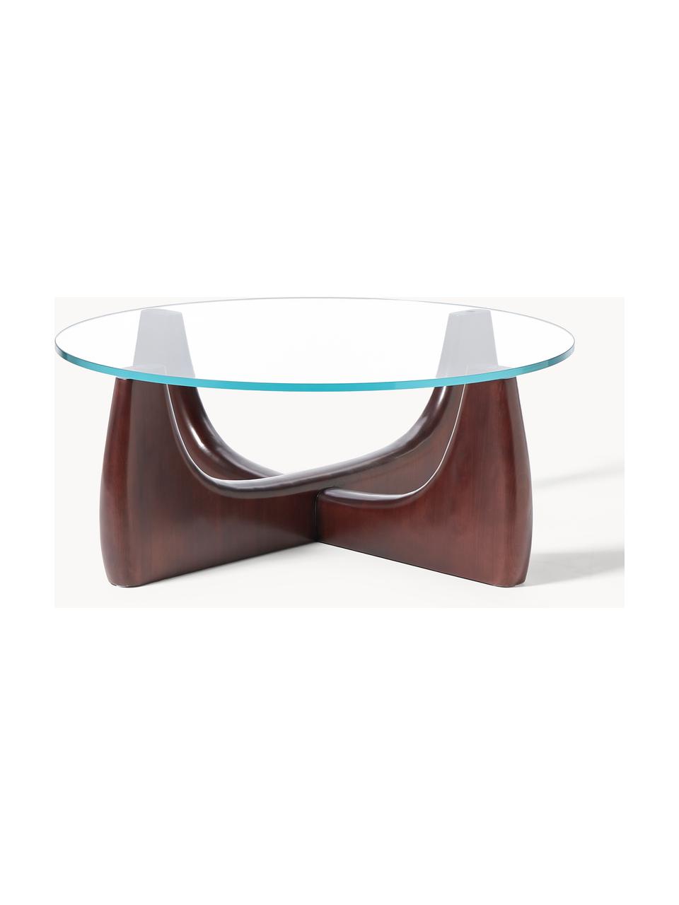 Mesa de centro redonda de madera con tablero de vidrio Miya, Patas: madera de álamo maciza, Tablero: vidrio Este producto está, Madera de álamo pintada marrón, transparente, Ø 107 x Al 40 cm