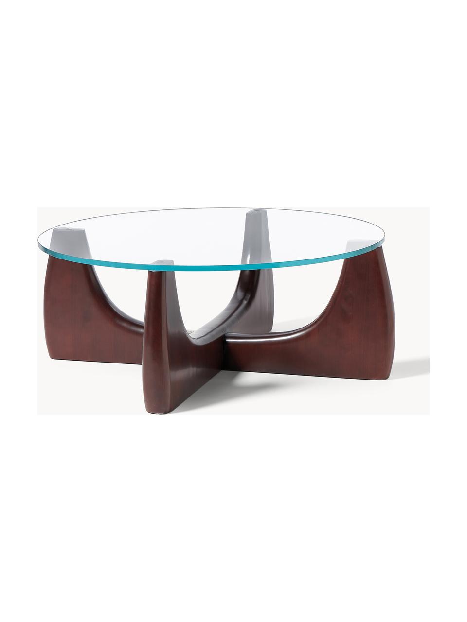 Mesa de centro redonda de madera con tablero de vidrio Miya, Patas: madera de álamo maciza, Tablero: vidrio Este producto está, Madera de álamo pintada marrón, transparente, Ø 107 x Al 40 cm