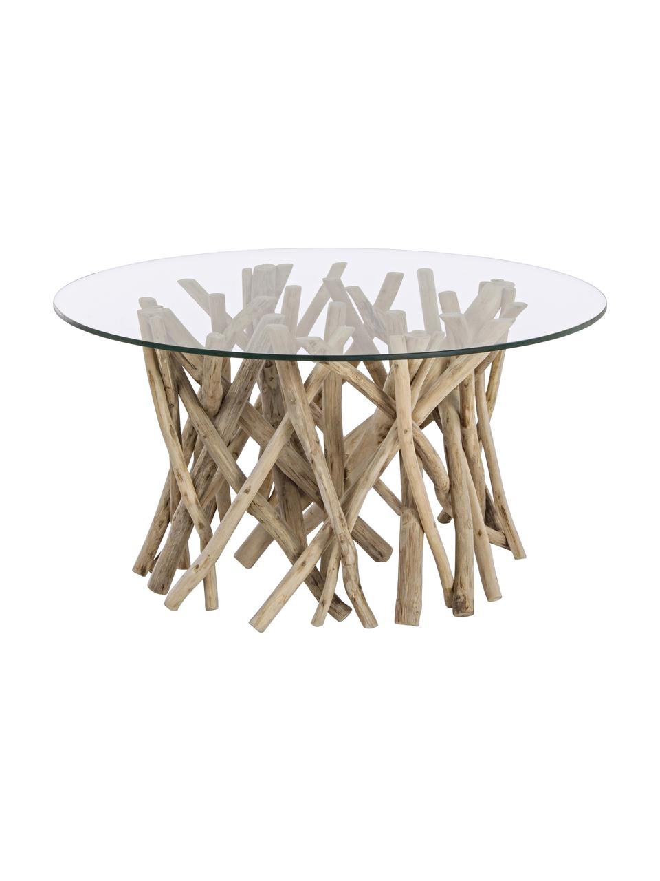 Konferenčný stolík Samira s tíkovým drevom, Doska: priehľadná Konštrukcia: tíkové drevo, bielená, so zastaralým efektom