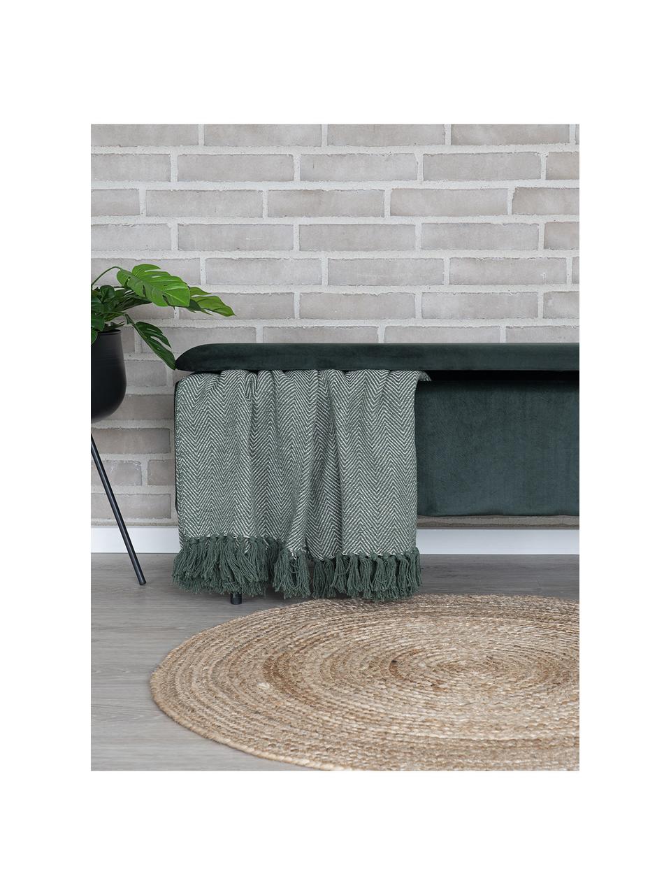 Banc rembourré velours avec rangement Woldorf, Velours vert foncé, pieds noirs, larg. 95 x haut. 46 cm