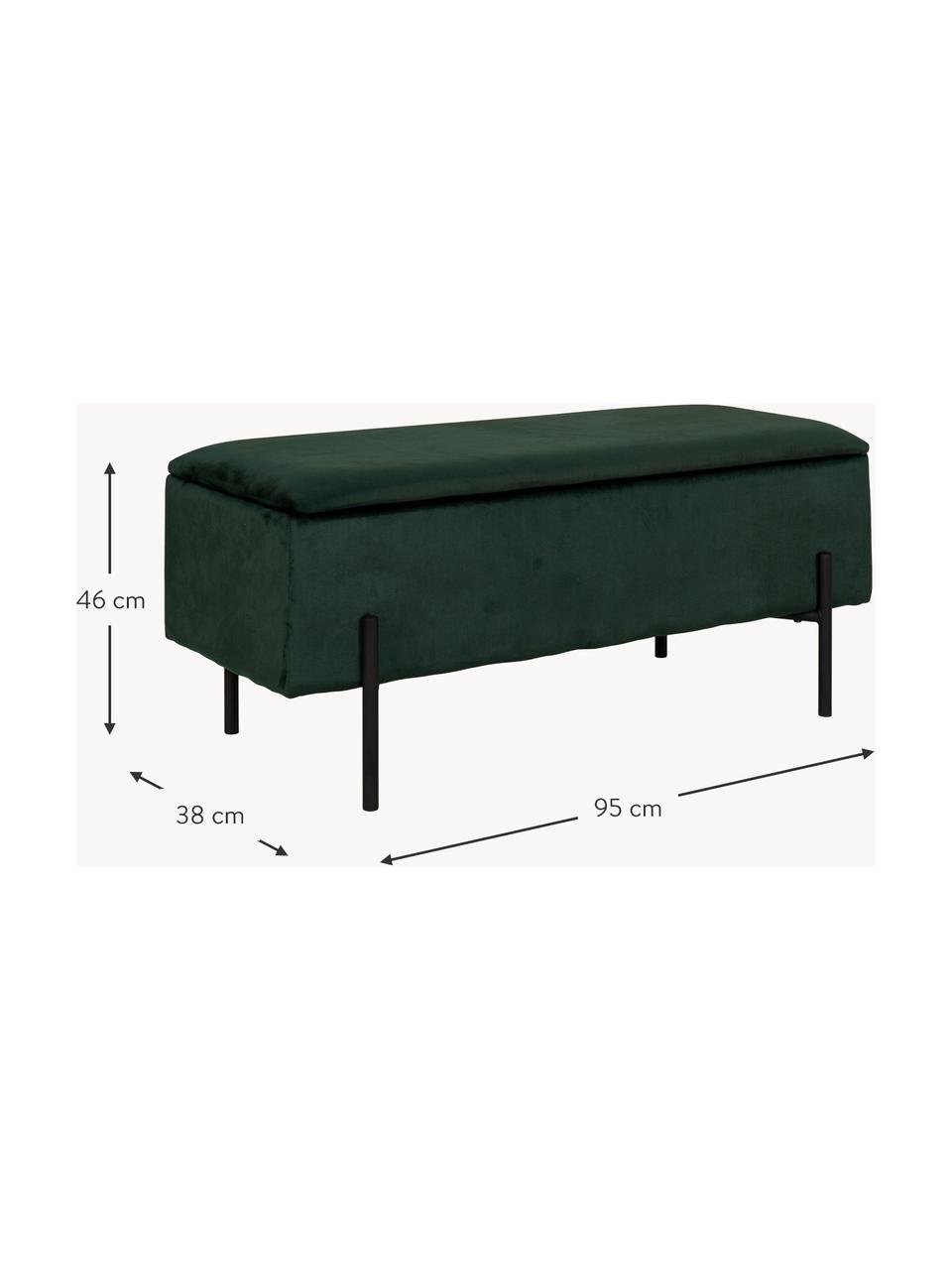 Banc rembourré velours avec rangement Woldorf, Velours vert foncé, pieds noirs, larg. 95 x haut. 46 cm