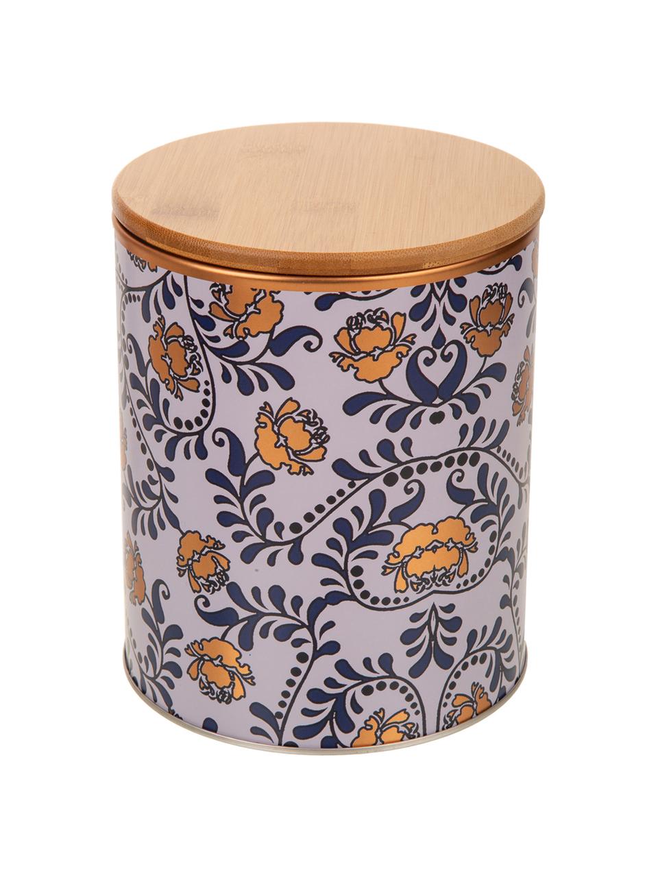 Caja decorativa Flowers, Caja: metal, Tapa: bambú, Beige, dorado, azul, blanco, Ø 14 x Al 17 cm