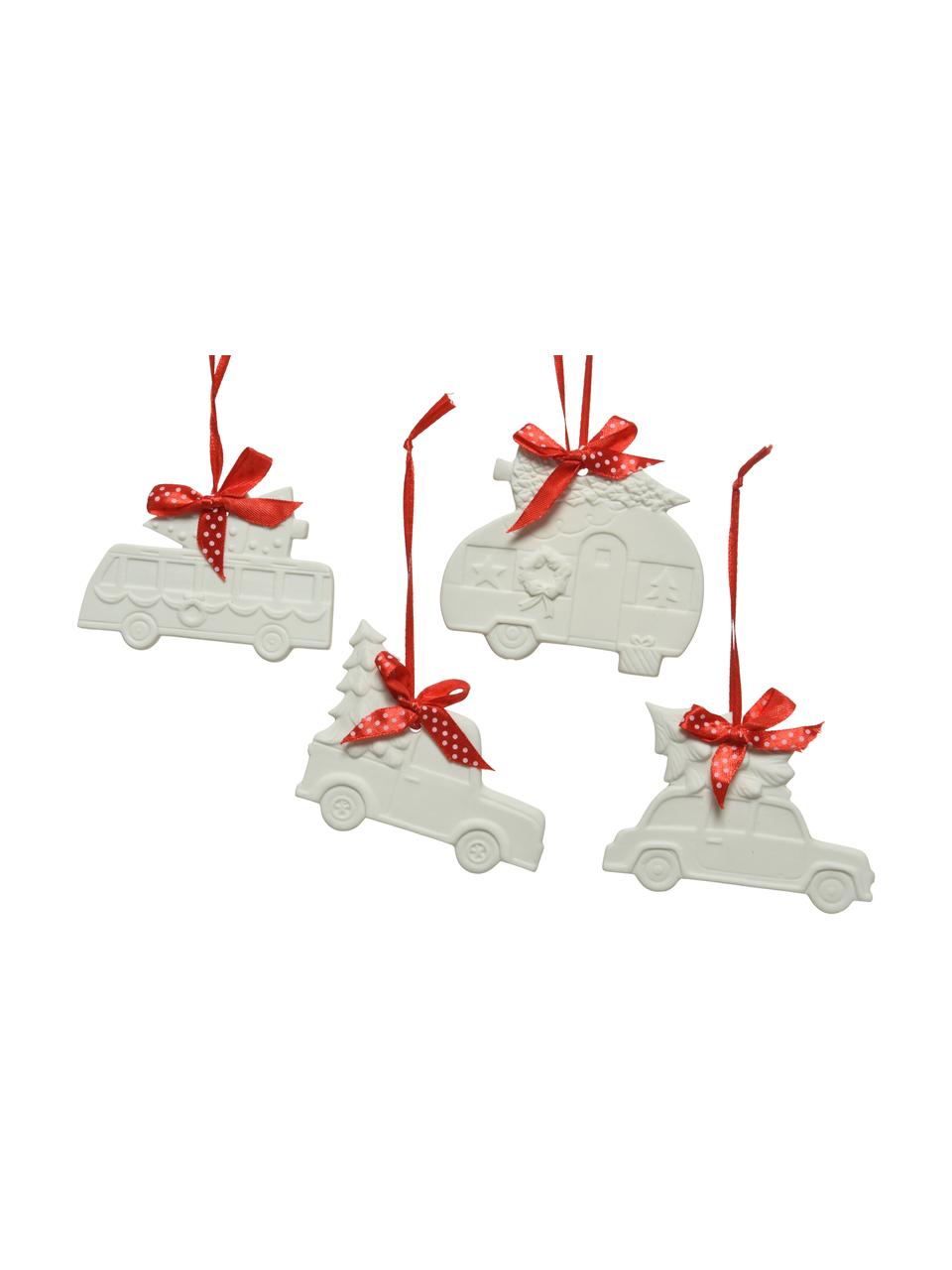Kerstboomhanger Vehicles H 10 cm, 4 stuks, Porselein, Wit, rood, B 8 x H 10 cm