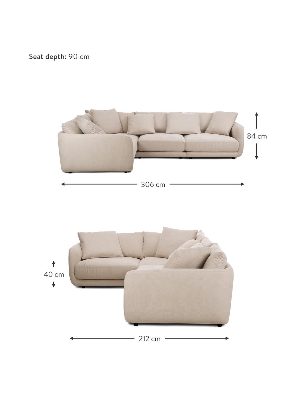 Modulaire hoekbank Jasmin in beige, Bekleding: 85% polyester, 15% nylon , Frame: massief sparrenhout FSC-g, Poten: kunststof, Stof beige, B 306 x H 84 cm