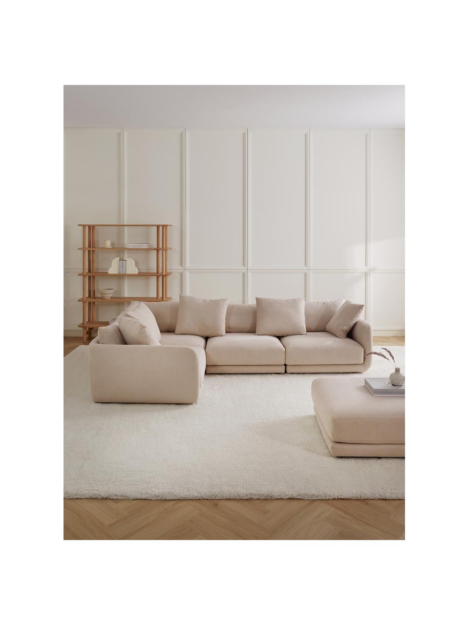 Modulaire hoekbank Jasmin in beige, Bekleding: 85% polyester, 15% nylon , Frame: massief sparrenhout FSC-g, Poten: kunststof, Stof beige, B 306 x H 84 cm