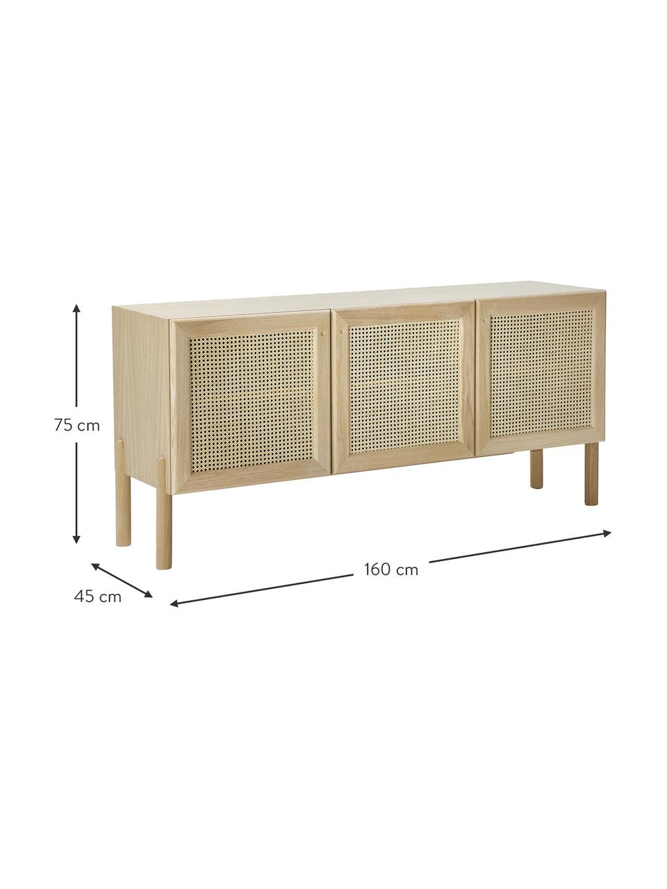 Credenza  in legno di quercia con intreccio viennese Jolie, Gambe: legno di quercia massello, Legno di quercia, beige, Larg. 160 x Alt. 75 cm