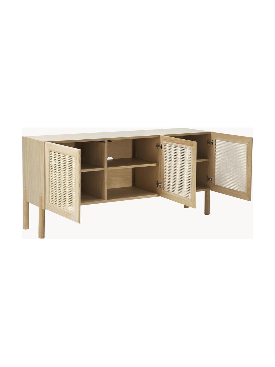 Eichenholz-Sideboard Jolie mit Wiener Geflecht, Korpus: Mitteldichte Holzfaserpla, Beine: Eichenholz, massiv, Eichenholz, Beige, B 160 x H 75 cm