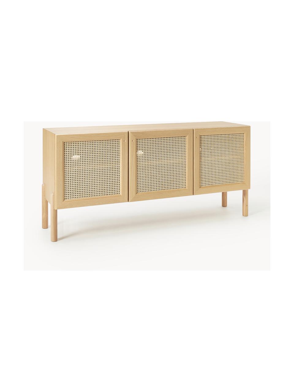 Aparador de madera de roble con tejido vienés Jolie, Estructura: tablero de fibra de densi, Patas: madera de roble macizo, Madera de roble, beige, An 160 x Al 75 cm