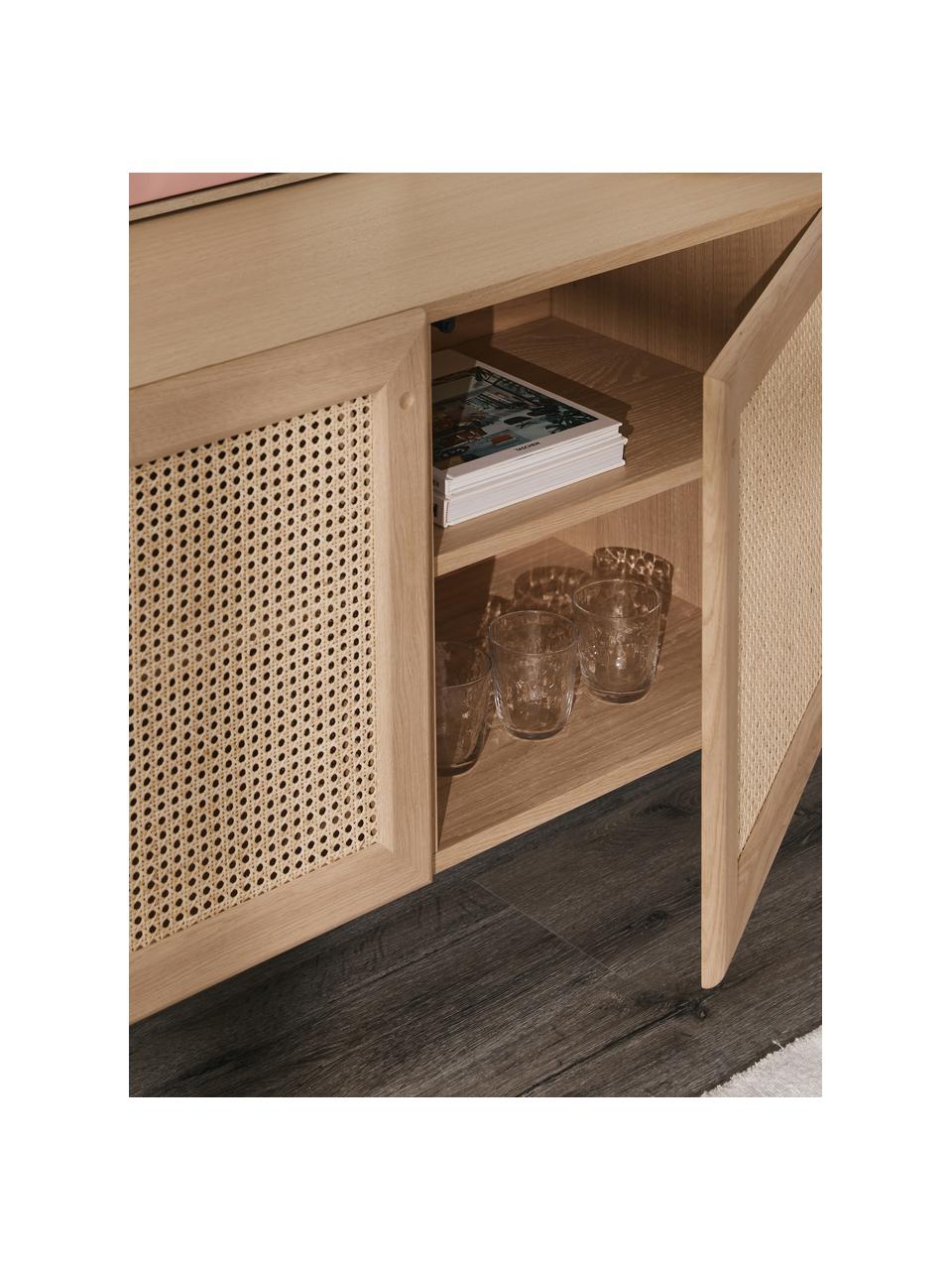 Eichenholz-Sideboard Jolie mit Wiener Geflecht, Korpus: Mitteldichte Holzfaserpla, Beine: Eichenholz, massiv, Eichenholz, Beige, B 160 x H 75 cm