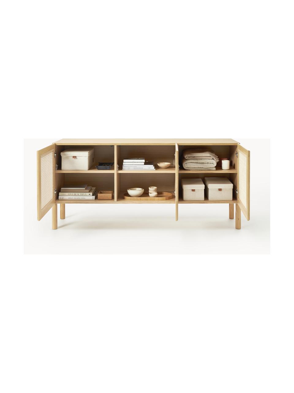 Eichenholz-Sideboard Jolie mit Wiener Geflecht, Korpus: Mitteldichte Holzfaserpla, Beine: Eichenholz, massiv, Eichenholz, Beige, B 160 x H 75 cm