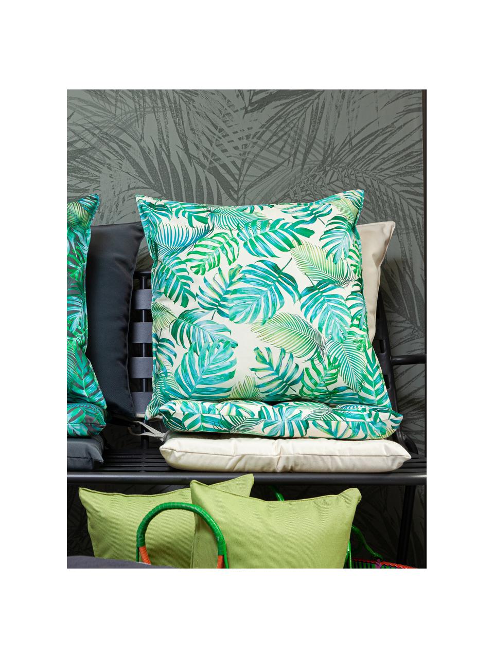 Cuscino sedia da esterno con motivo a foglie Madeira, 100% poliestere, Bianco latteo, tonalità blu, verde, Larg. 40 x Lung. 40 cm