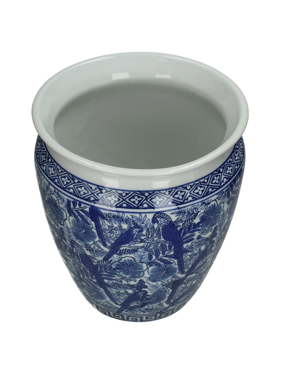 Macetero grande de porcelana Parrots, Porcelana, Azul, blanco, Ø 25 x Al 28 cm