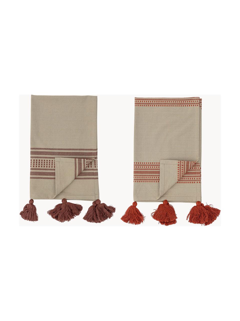 Set 2 strofinacci in cotone a righe con nappe Dali, 100% cotone, Beige, tonalità rosse, Larg. 45 x Lung. 70 cm