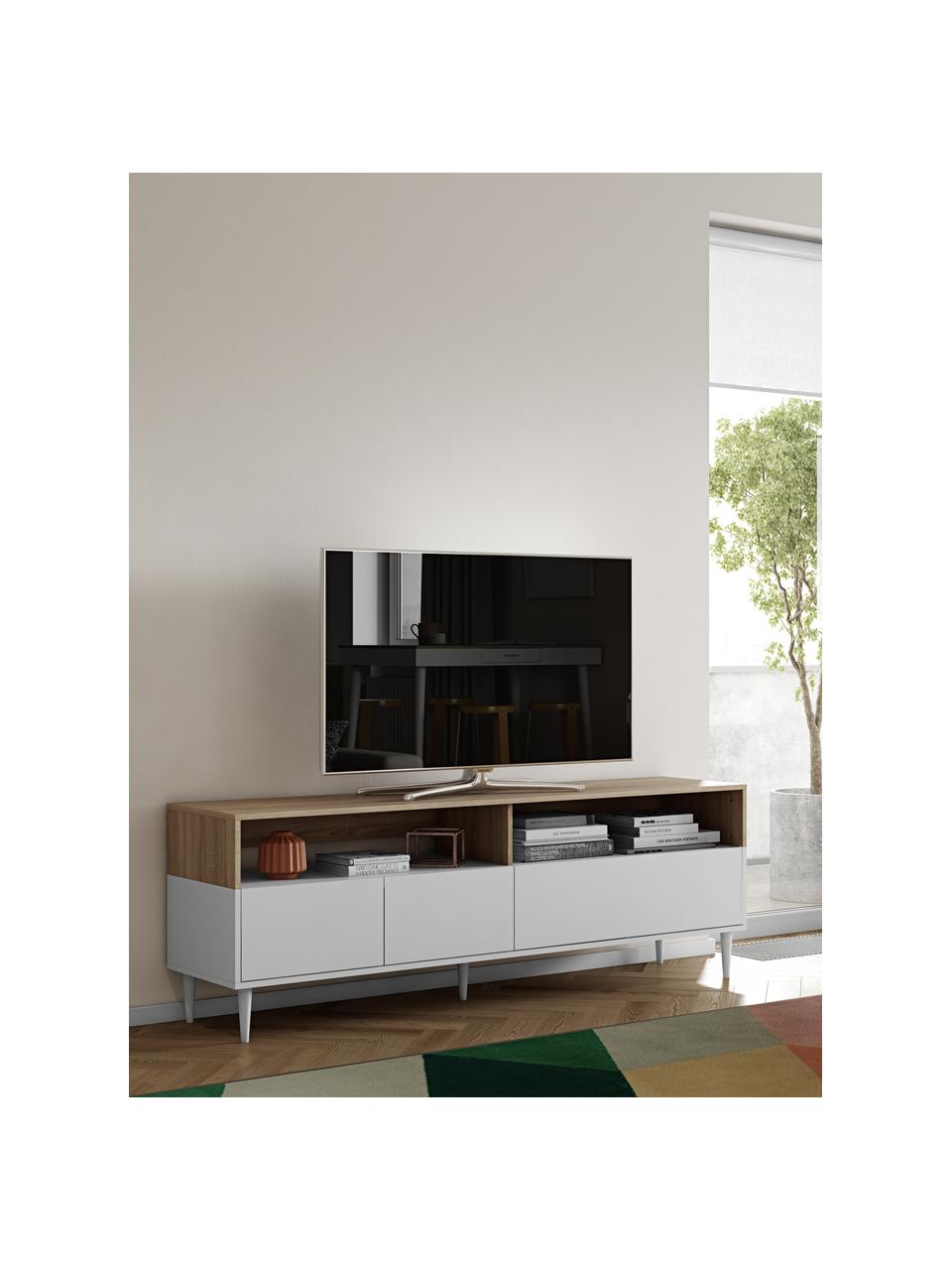 TV-Lowboard Horizon in Weiß mit Eichenholz-Optik, Füße: Buchenholz, massiv, lacki, Eichenholz, Weiß, 180 x 61 cm