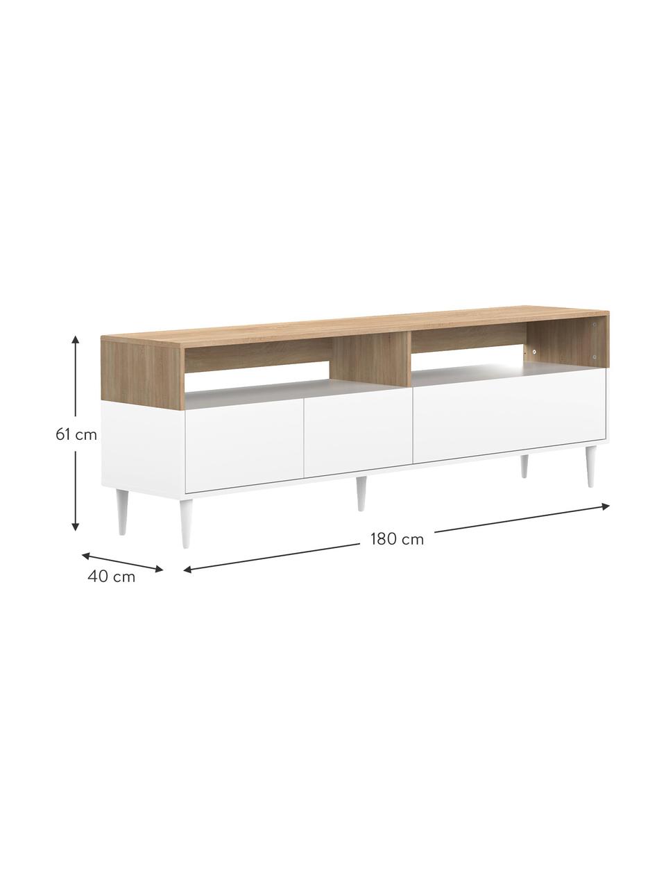 Mueble TV Horizon, Patas: madera de haya maciza pin, Roble, blanco, An 180 x Al 61 cm