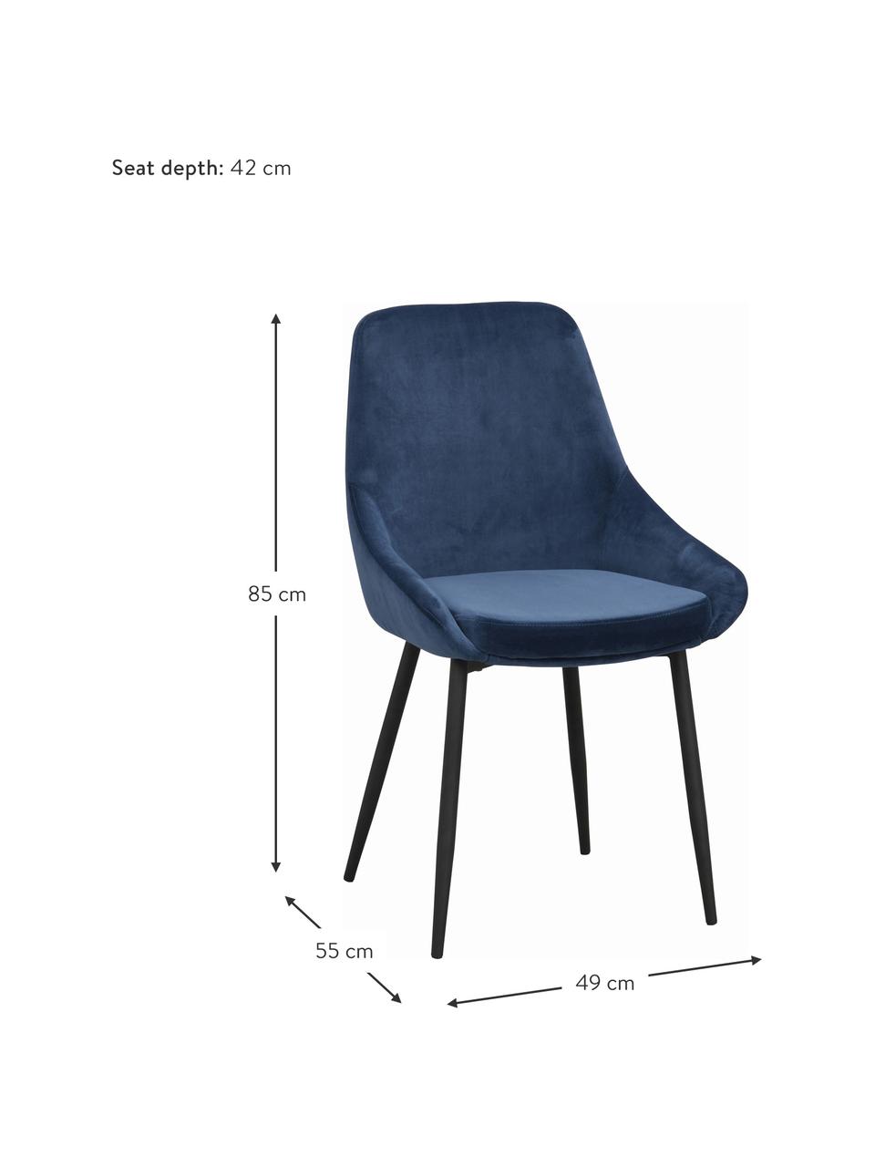 Sedia imbottita in velluto Sierra 2 pz, Rivestimento: 100% velluto di poliester, Gambe: metallo verniciato, Velluto blu scuro, nero, Larg. 49 x Prof. 55 cm