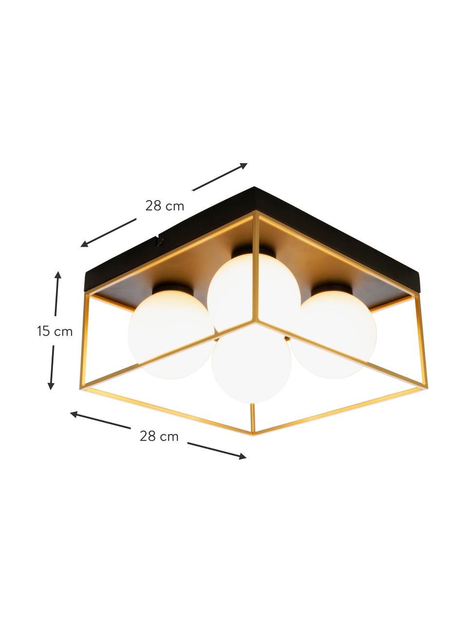 Plafoniera piccola in vetro opale Astro, Paralume: vetro opale, Baldacchino: metallo rivestito, Dorato, nero, bianco, Larg. 28 x Alt. 15 cm