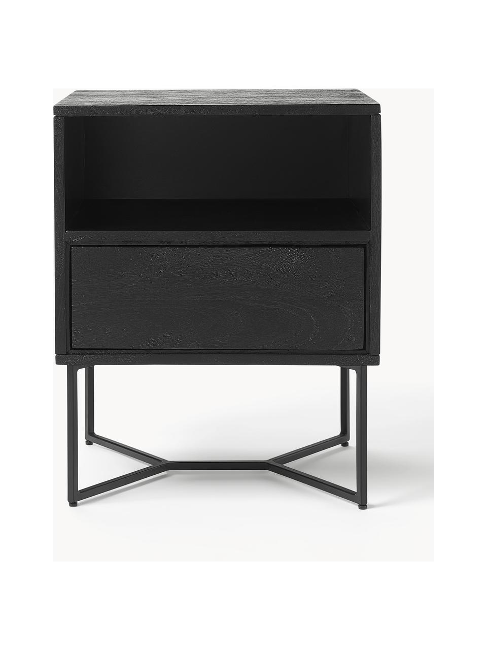 Mesilla de noche de madera de mango maciza Luca, con cajón, Patas: metal con pintura en polv, Madera de mango negro pintado, negro, An 45 x Al 57 cm
