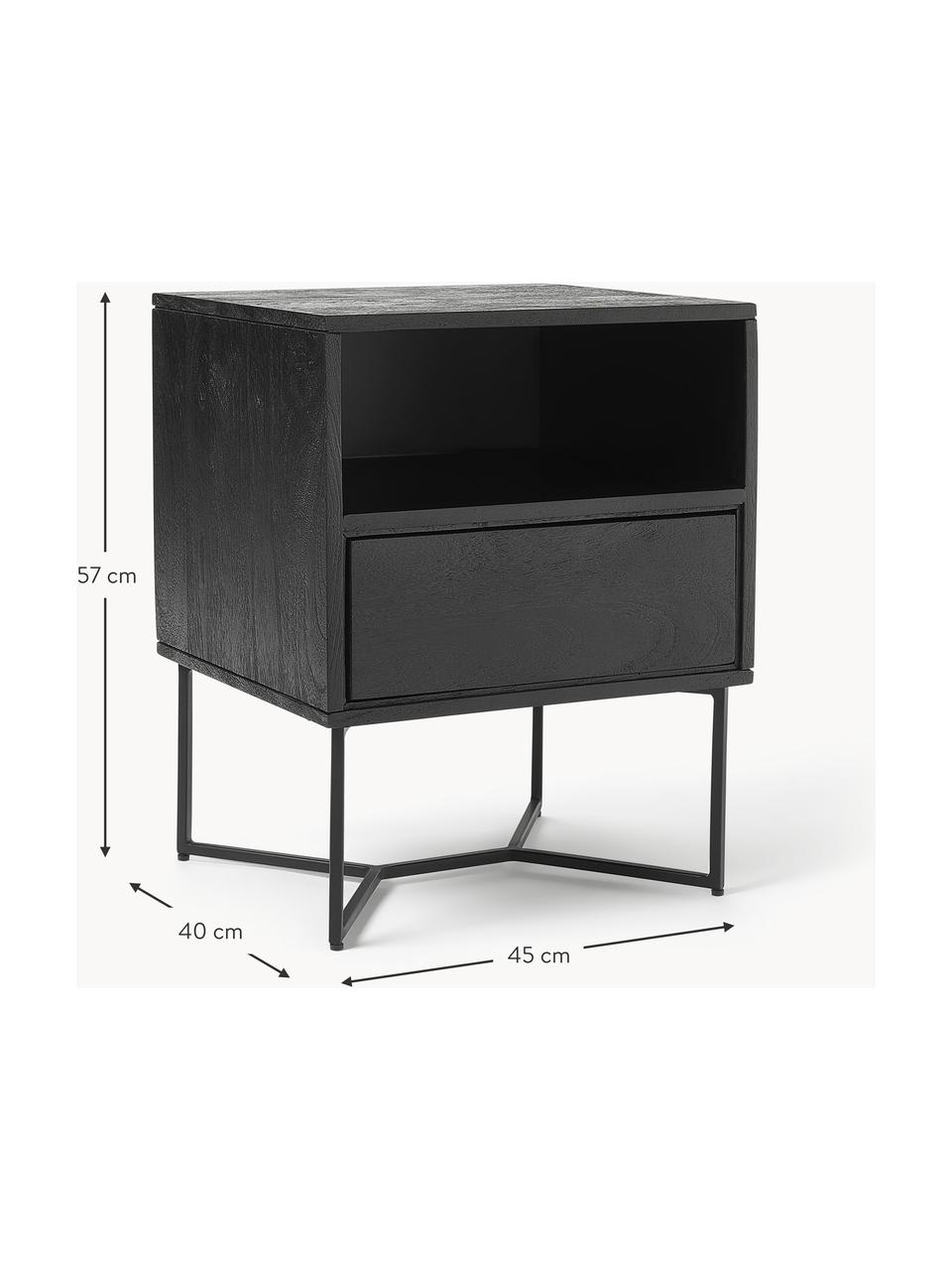 Mesilla de noche de madera de mango maciza Luca, con cajón, Patas: metal con pintura en polv, Madera de mango negro pintado, negro, An 45 x Al 57 cm