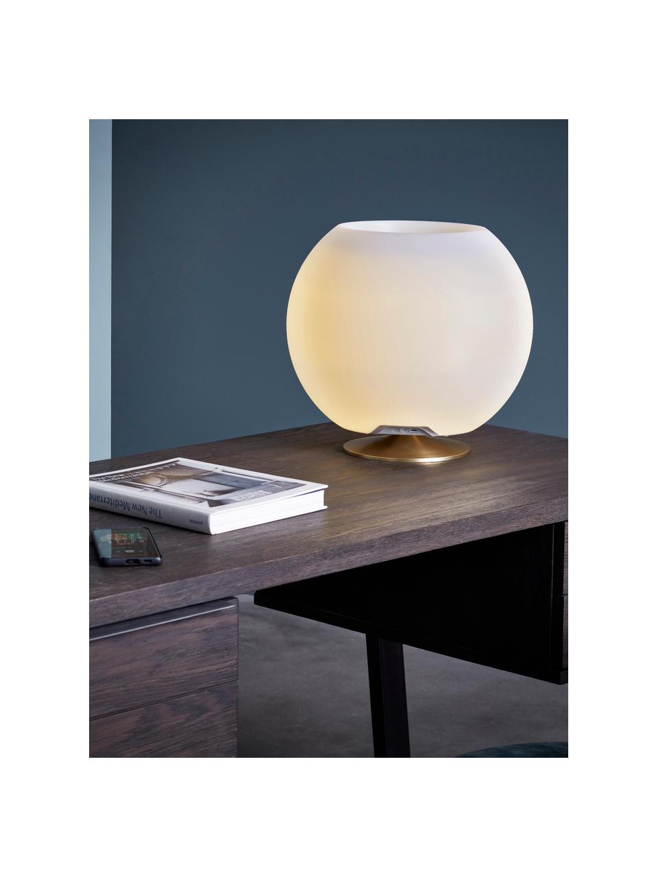 Lampada da tavolo LED con luce regolabile, altoparlante e glacette Bluetooth Sphere, Paralume: polietilene, Struttura: metallo rivestito, Bianco, dorato, Ø 38 x Alt. 36 cm
