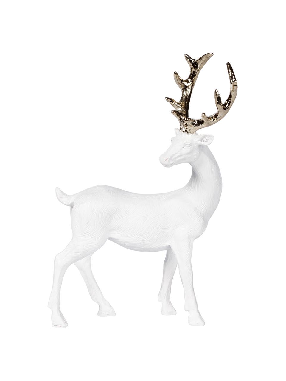 Handgefertigtes Deko-Objekt Deer, Polyresin, Weiß, Goldfarben, 9 x 14 cm