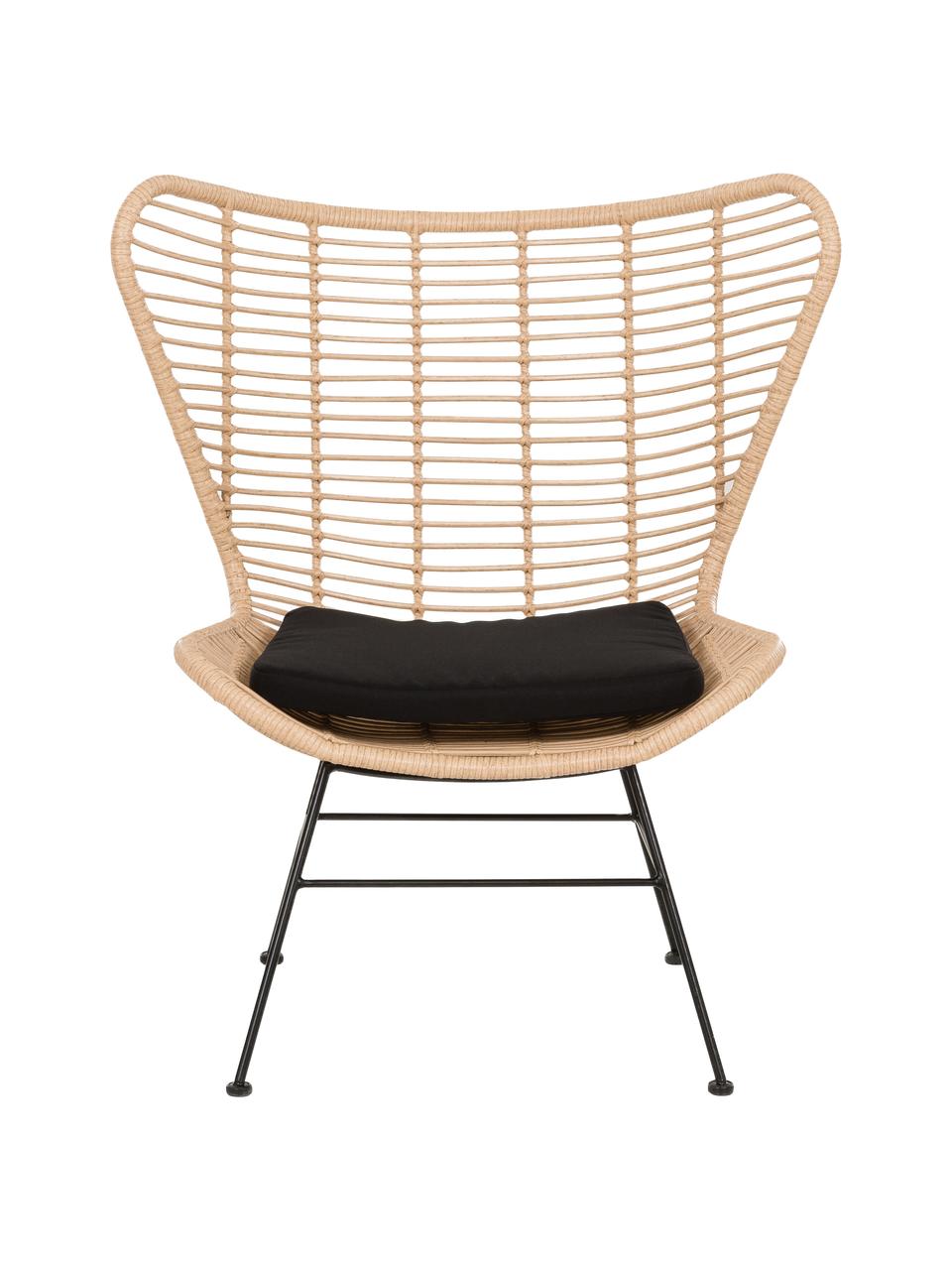 Fauteuil à oreilles tressage synthétique Costa, Brun clair, noir, larg. 90 x prof. 89 cm