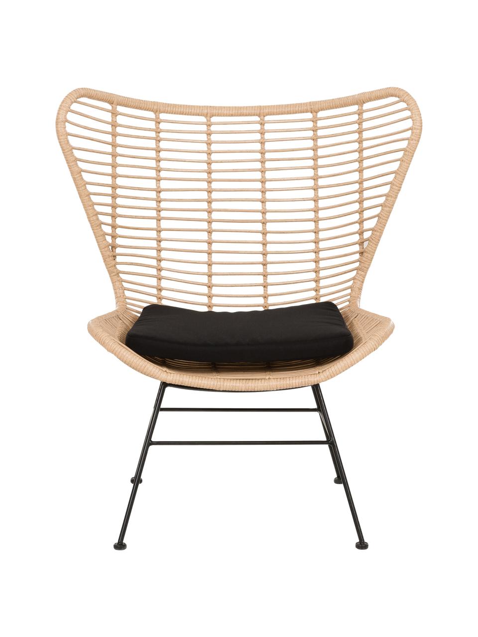Fotel uszak z polirattanu Costa, Stelaż: metal malowany proszkowo, Jasny brązowy, czarny, S 90 x G 89 cm