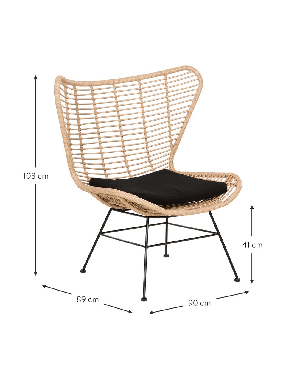 Sillón orejero de poliratán Costa, Asiento: red de polietileno, Estructura: metal con pintura en polv, Marrón claro, negro, An 90 x F 89 cm