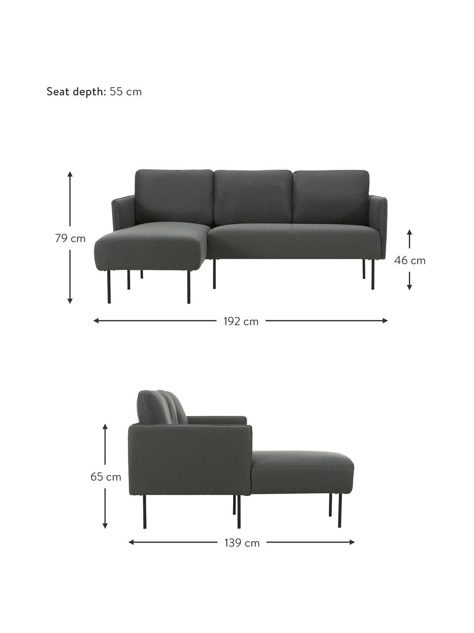 Ecksofa Ramira in Anthrazit mit Metall-Füßen, Bezug: Polyester 20.000 Scheuert, Gestell: Massives Kiefernholz, Spe, Füße: Metall, pulverbeschichtet, Webstoff Anthrazit, 192 x 79 cm