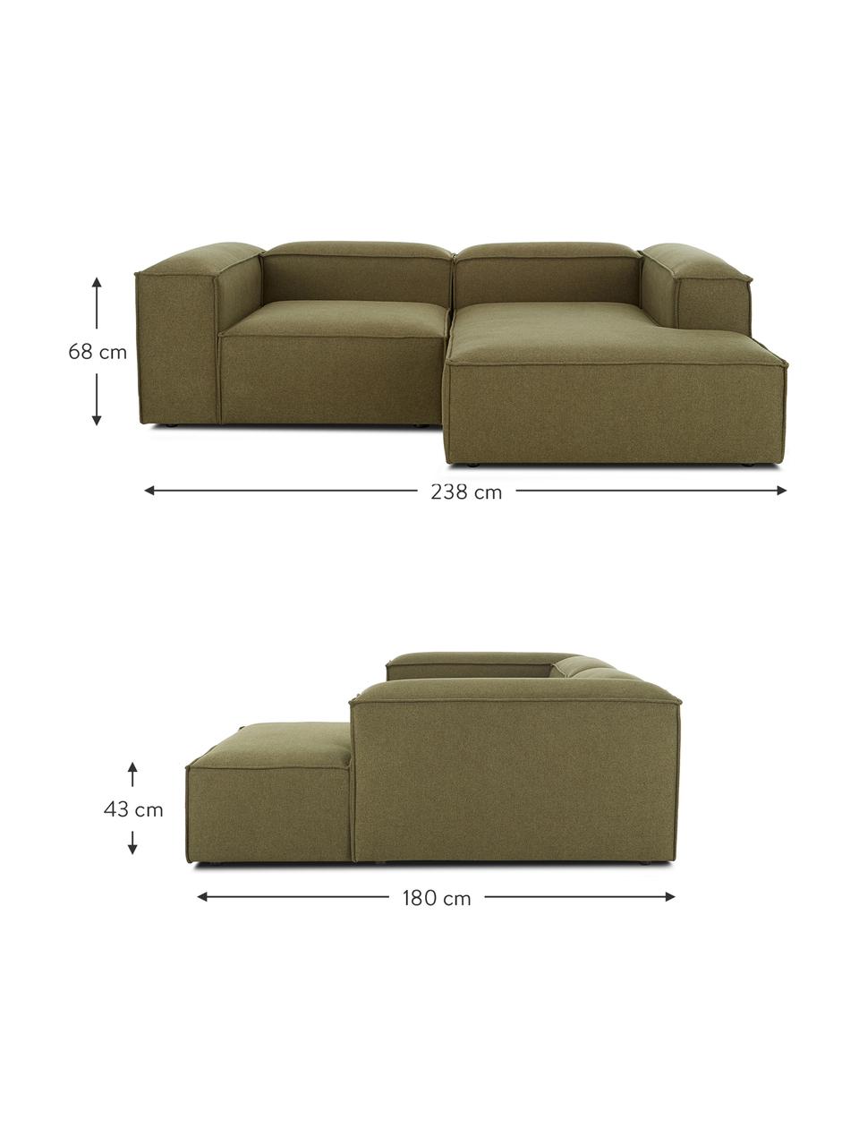 Modulaire hoekbank Lennon, Bekleding: 100% polyester De slijtva, Frame: massief grenenhout, FSC-g, Poten: kunststof, Geweven stof groen, B 238 x D 180 cm, hoekdeel rechts