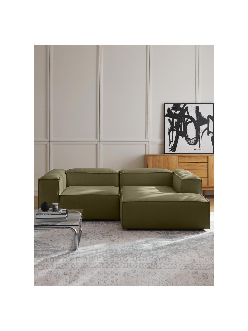 Canapé d'angle modulable Lennon, Tissu vert olive, larg. 238 x prof. 180 cm, méridienne à droite