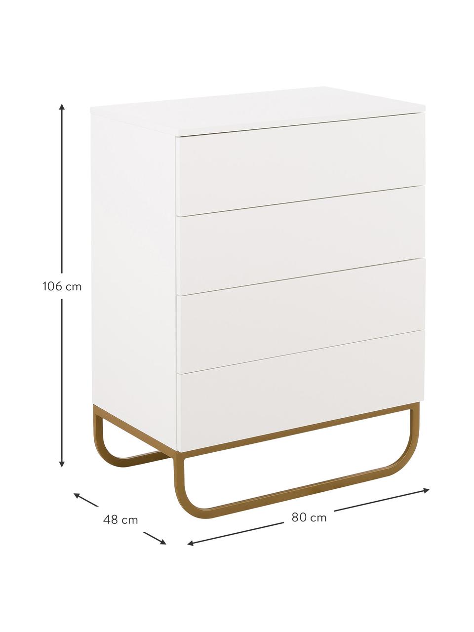 Ladekast Sanford in wit, Frame: gelakt MDF, Poten: gepoedercoat metaal, Wit, goudkleurig, 80 x 106 cm