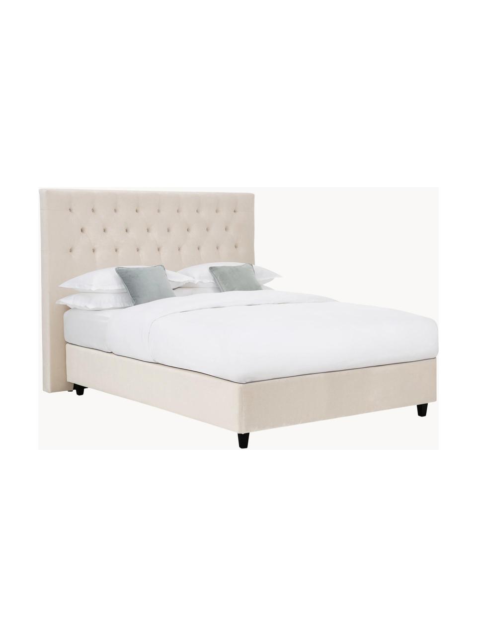 Premium fluwelen boxspringbed Phoebe, Matras: 5-zone pocketveren kern, Poten: massief gelakt berkenhout, Fluweel beige, B 180 x L 200 cm, hardheidsgraad H2