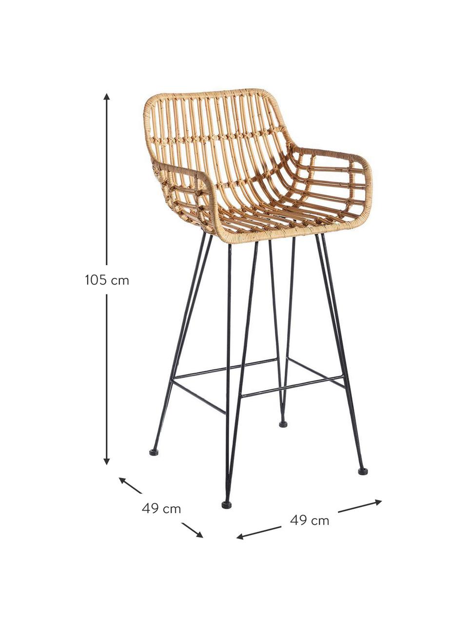 Taburete alto con respaldo de ratán Attata, Asiento: ratán, Patas: metal, Beige, negro, An 49 x Al 105 cm