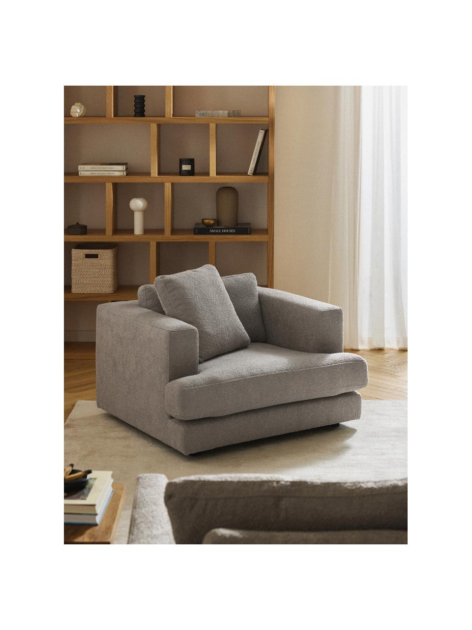 Fotel Bouclé Tribeca, Tapicerka: Bouclé (93% poliester, 6%, Stelaż: drewno bukowe, drewno sos, Nogi: drewno sosnowe Ten produk, Szary Bouclé, S 110 x G 100 cm