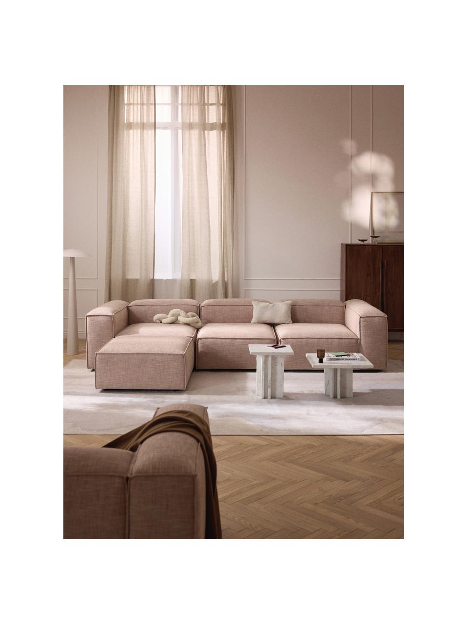 Modulares Sofa Lennon (4-Sitzer) aus Leinen-Mix mit Hocker (links/rechts), Bezug: 50 % Viskose, 25 % Leinen, Gestell: Fichtenholz, Sperrholz, m, Füße: Kunststoff Dieses Produkt, Leinen-Mix Rostrot, B 329 x T 207 cm