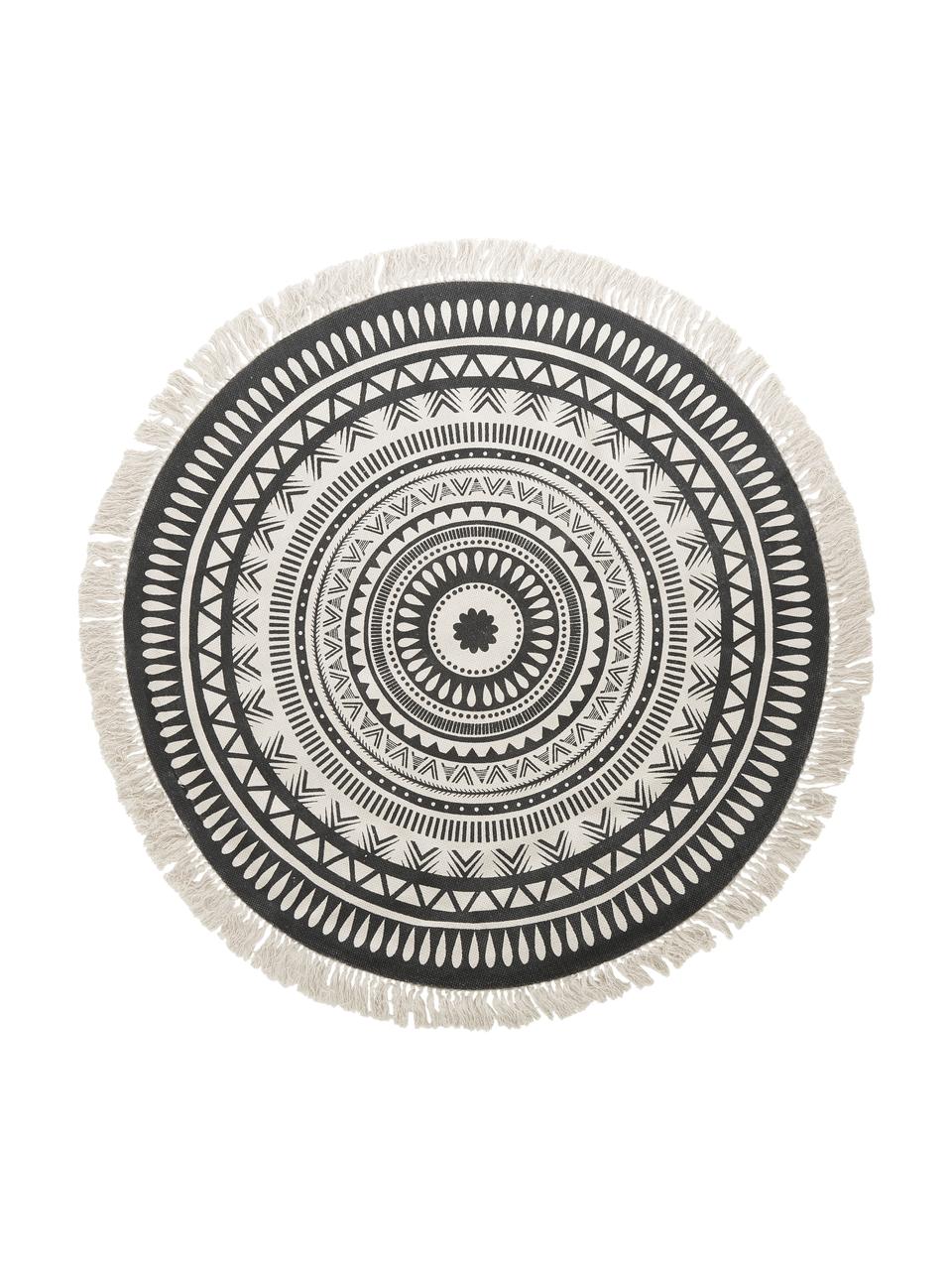Kulatý koberec s třásněmi Benji, naplocho tkaný, 100 % bavlna, Černá, béžová, Ø 150 cm (velikost M)