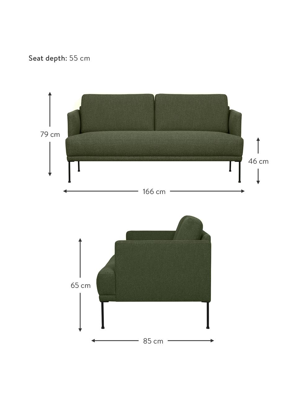 Sofá Fluente (2 plazas), Tapizado: 100% poliéster Alta resis, Estructura: madera de pino maciza, Patas: metal con pintura en polv, Tejido verde oscuro, An 166 x F 85 cm