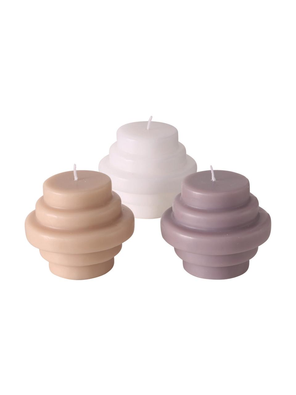 Set de velas Trapeca, 3 uds., Cera, Lila, melocotón, blanco, Ø 10 x Al 9 cm