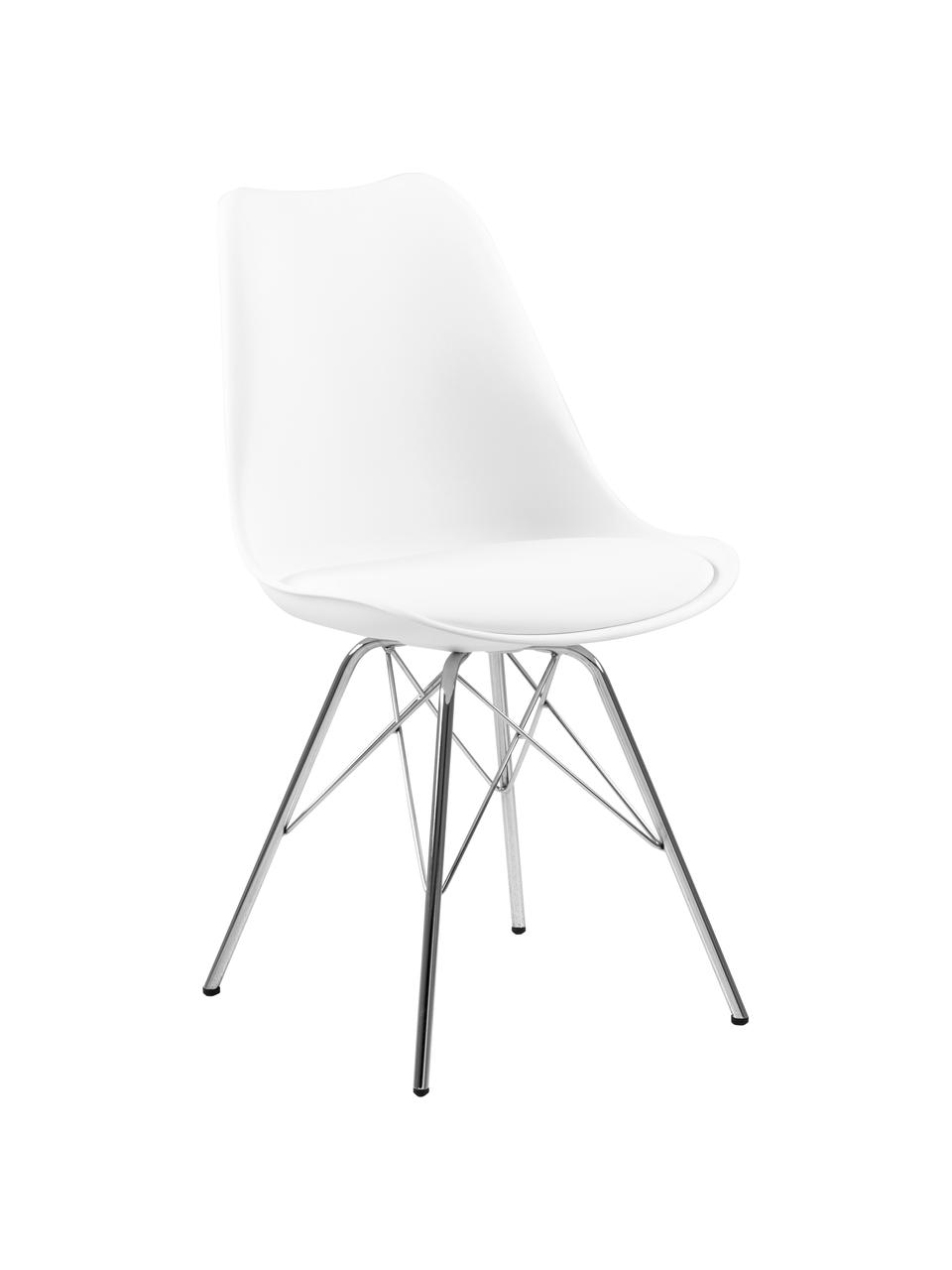 Kunststoffen stoelen Eris, 2 stuks, Zitvlak: kunststof, Zitvlak: kunstleer, Poten: verchroomd metaal, Wit, poten chroomkleurig, 49 x 54 cm