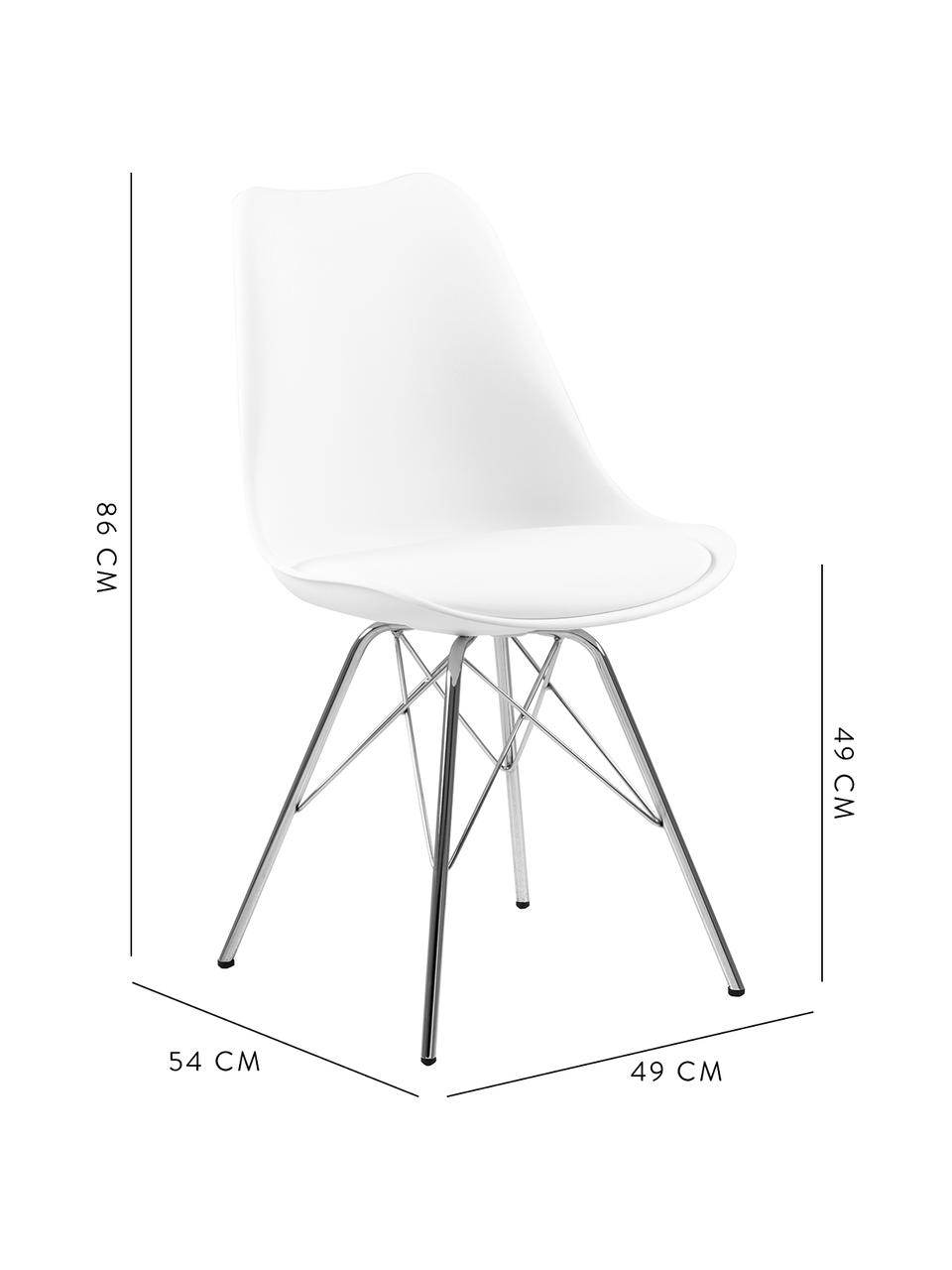 Esszimmerstühle Eris mit gepolsteter Sitzfläche in Weiß, 2 Stück, Sitzfläche: Kunstleder (Polyurethan) , Sitzschale: Kunststoff, Beine: Metall, pulverbeschichtet, Weiß, Chrom, B 49 x T 54 cm