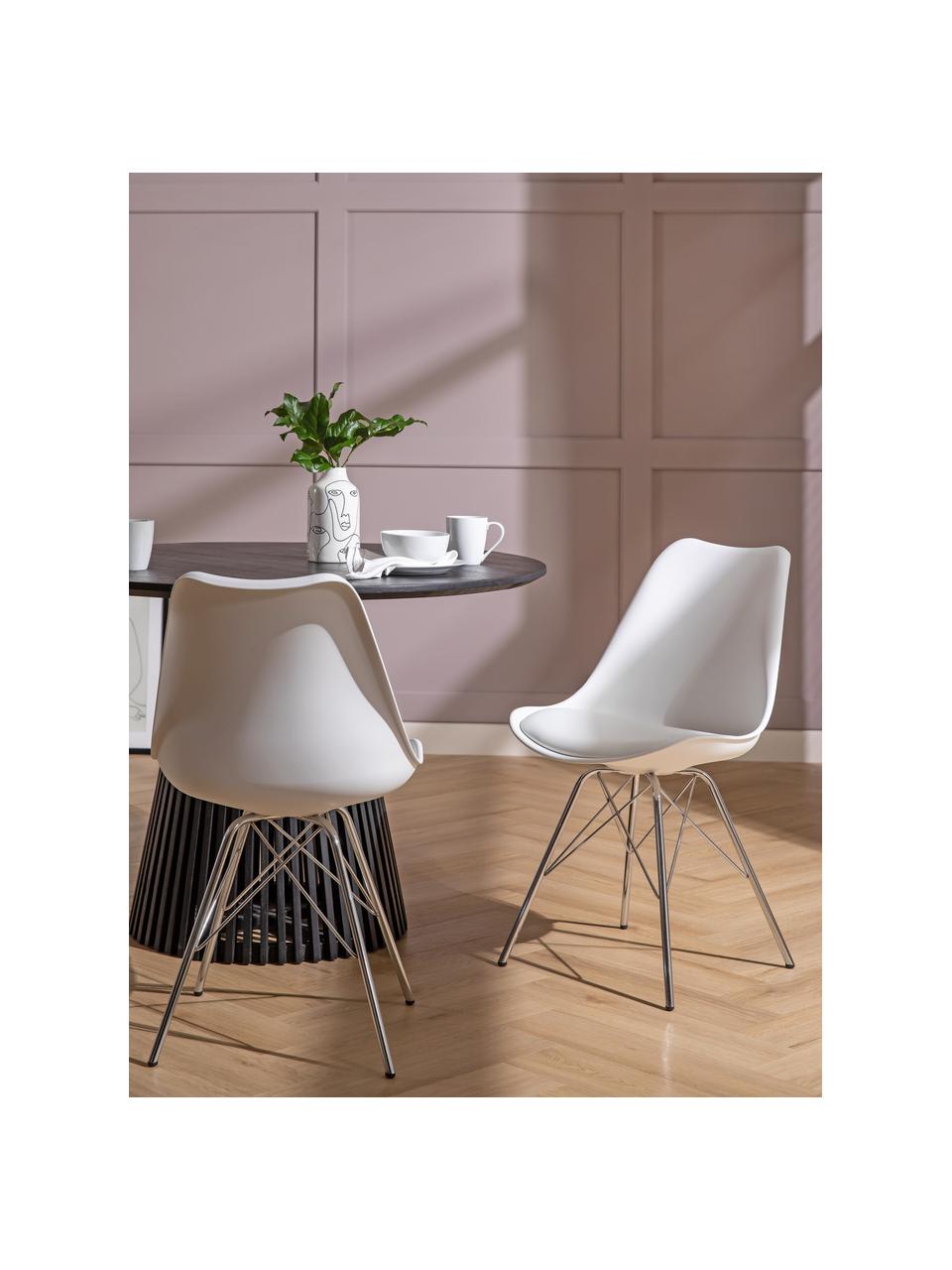 Kunststoffen stoelen Eris, 2 stuks, Zitvlak: kunststof, Zitvlak: kunstleer, Poten: verchroomd metaal, Wit, poten chroomkleurig, 49 x 54 cm