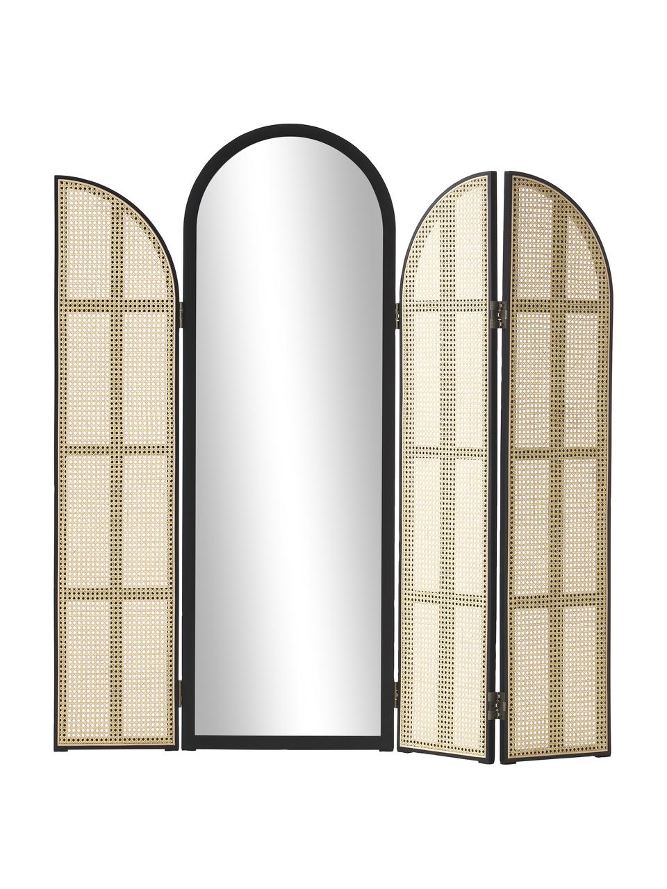 Espejo de pie con biombo de ratán Aura, Parte trasera: tablero de fibras de dens, Espejo: cristal, Negro, ratán, An 172 x Al 180 cm