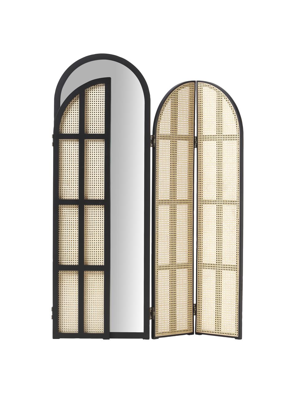 Vloerspiegel Aura met rotan scherm, Lijst: MDF, Zwart, lichtbruin, B 172 x H 180 cm