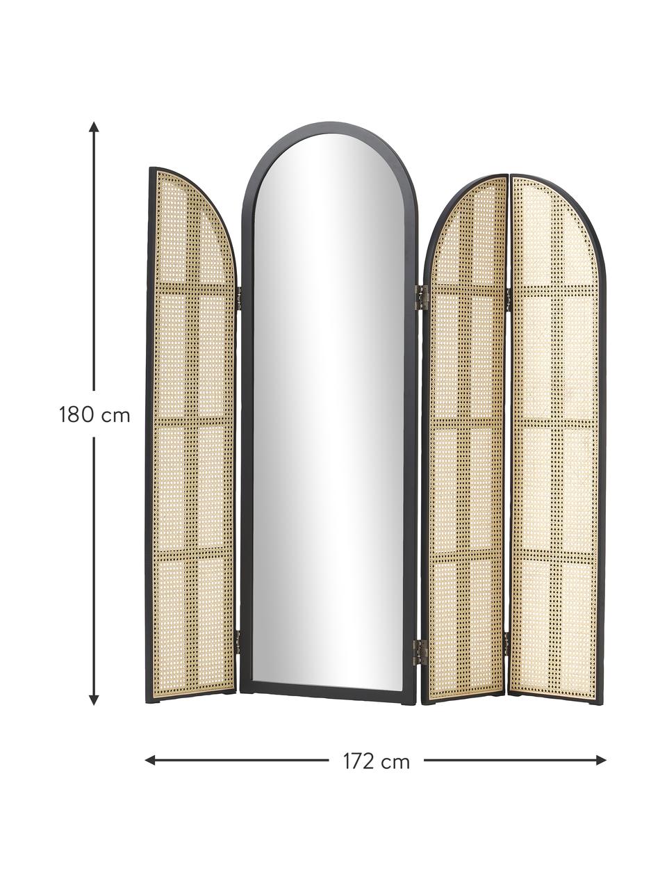 Stojací zrcadlo s ratanovým paravánem Aura, Černá, světle hnědá, Š 172 cm, V 180 cm