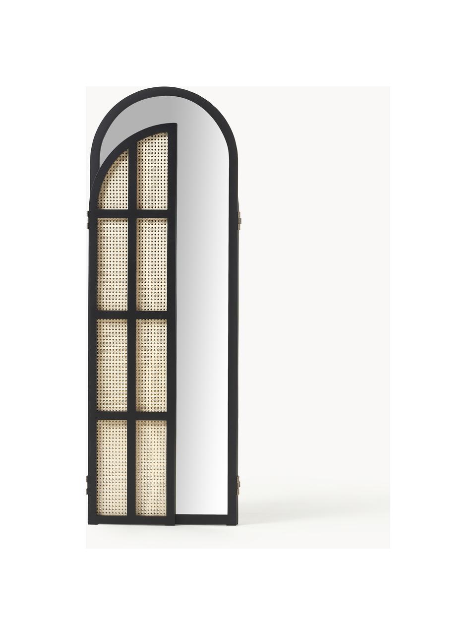 Specchio da terra con paravento in rattan Aura, Cornice: pannello di fibra a media, Intreccio viennese: rattan, Superficie dello specchio: lastra di vetro, Nero, marrone chiaro, Larg. 172 x Alt. 180 cm