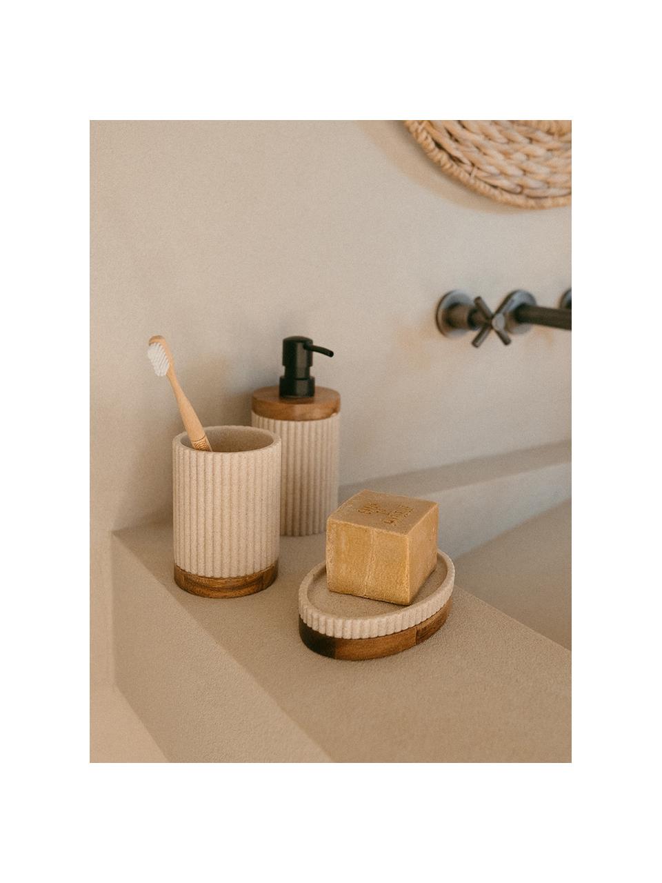Porte-brosses à dents décor bois Laura, Plastique, bois d'acacia, Beige, Ø 8 x haut. 11 cm