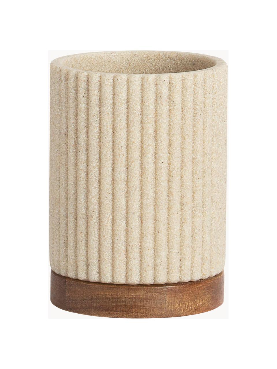 Zahnputzbecher Laura mit Holz-Dekor, Kunststoff, Akazienholz, Beige, Ø 8 x H 11 cm