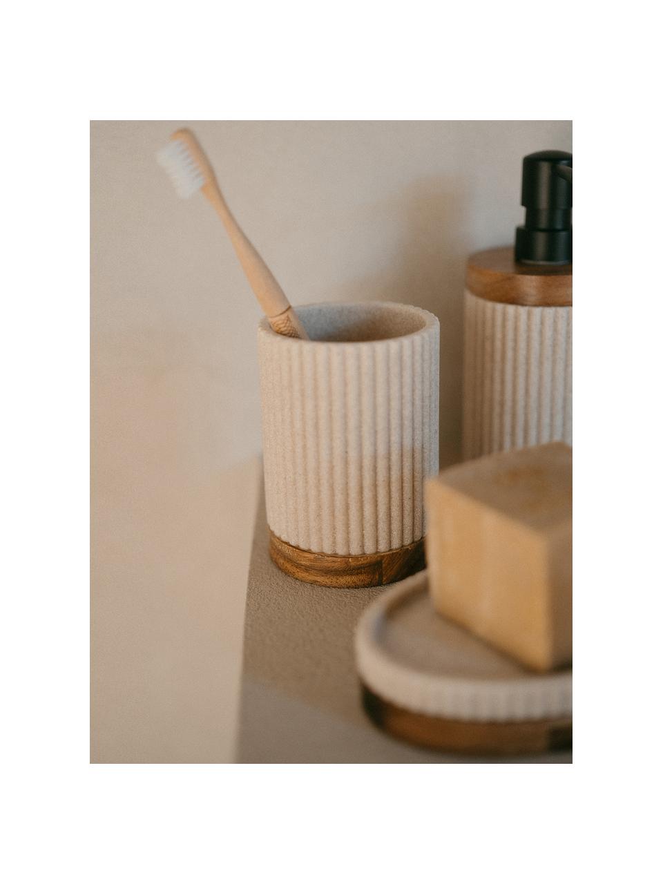 Vaso cepillo de dientes con madera Laura, Plástico, madera de acacia, Beige claro, madera de acacia, Ø 8 x Al 11 cm